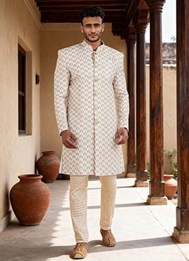 Off White Cotton Print Jacquard Classic Sherwani