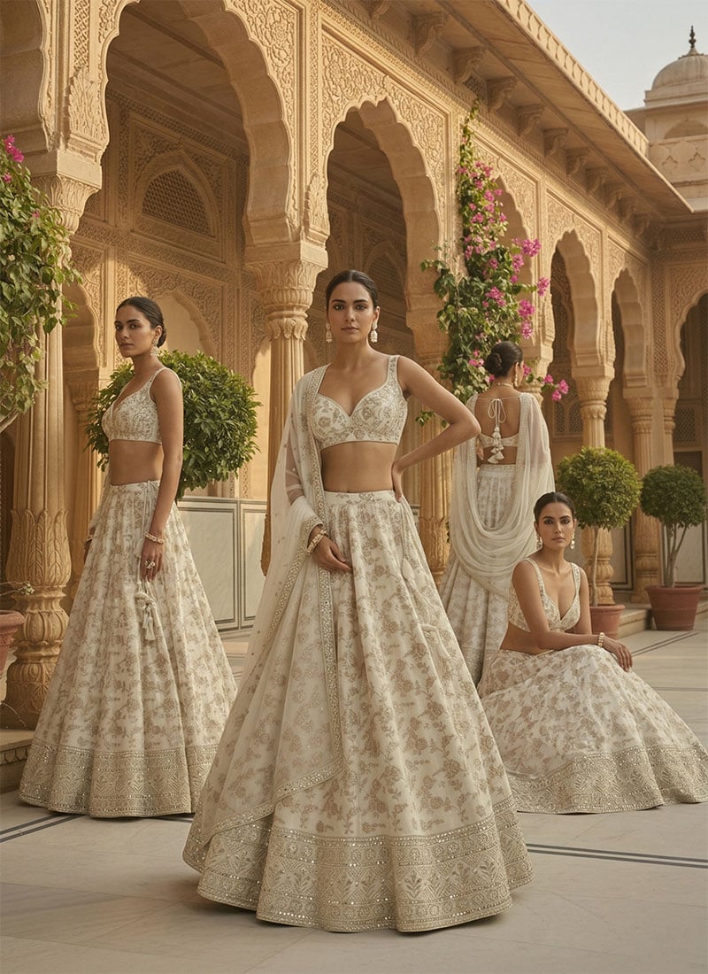 Off White Dola Silk Jacquard Sequins Embroidered Lehenga Set Festive Wear