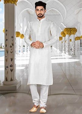 Off White Dupion Art Silk Machine Embroidered Kurta Pyjama