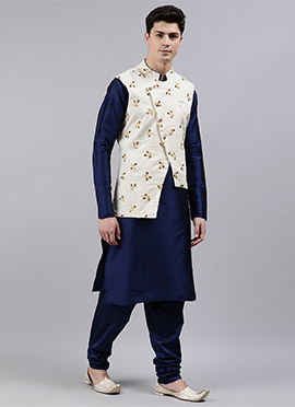 Off White Embroidered Bandi With Kurta Set