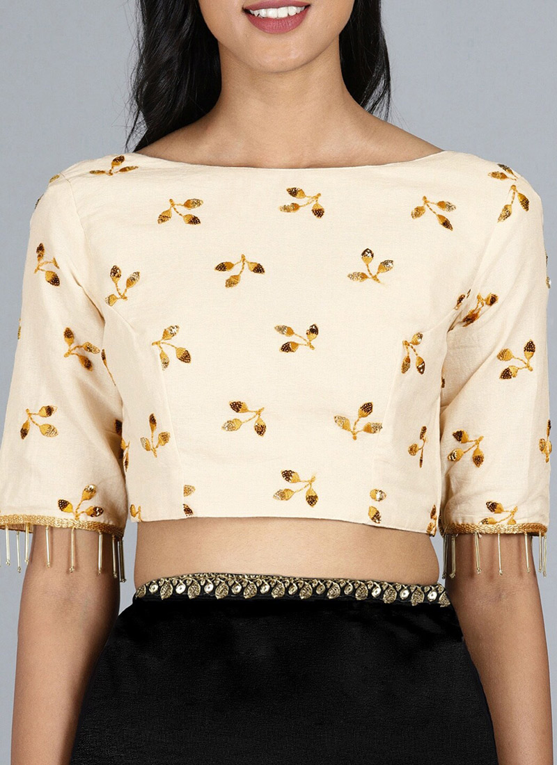 Off White Embroidered Cotton Blouse Festive Wear