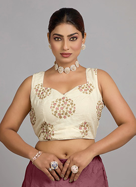 Off White Embroidered Cotton Sleeveless Blouse