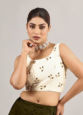 Off White Embroidered Cotton Sleeveless Blouse