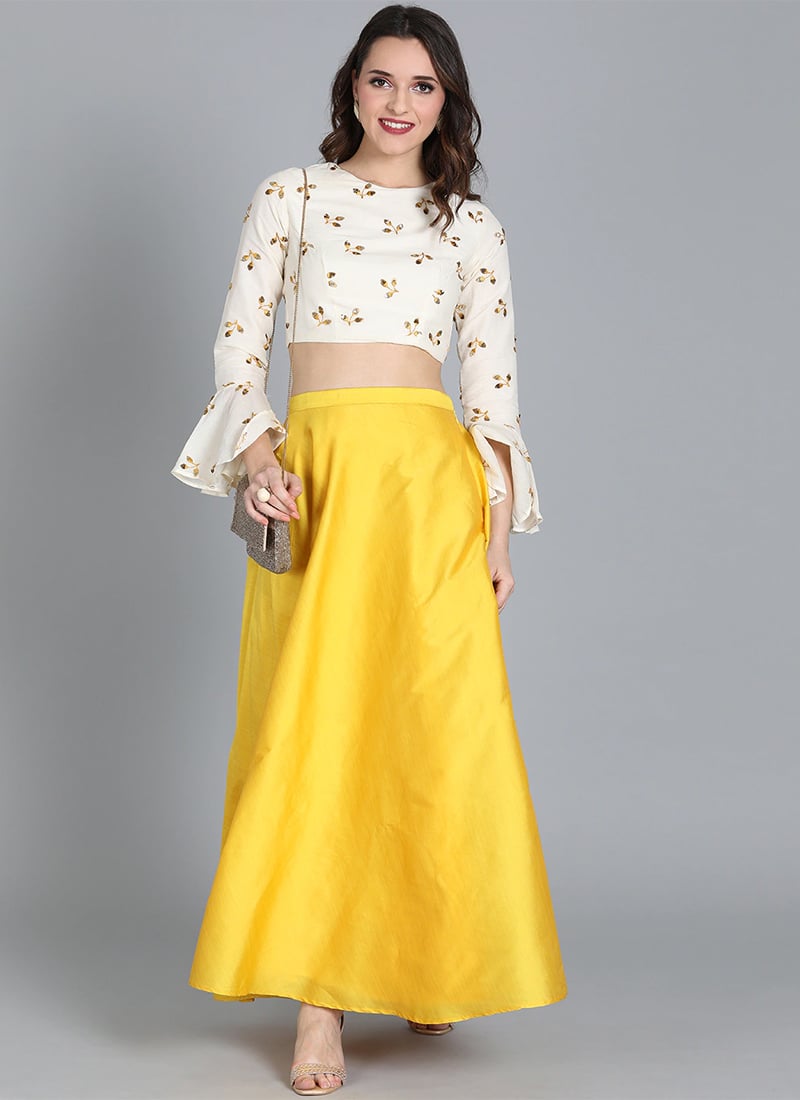 Off White Embroidered Crop Top N Skirt