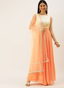 Off White Embroidered Floor Length Anarkali Suit