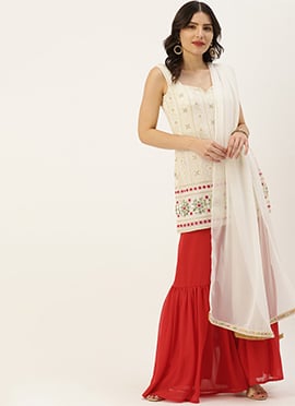 Off White Embroidered Georgette Gharara Suit