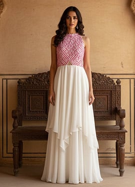 Teen Girls Off White Embroidered Georgette Halter Neck