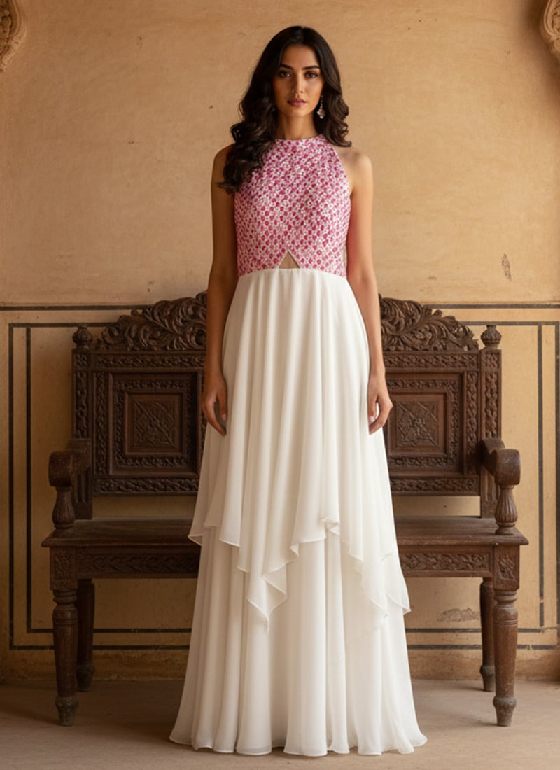 Off White Embroidered Georgette Halter Neck Festive Wear