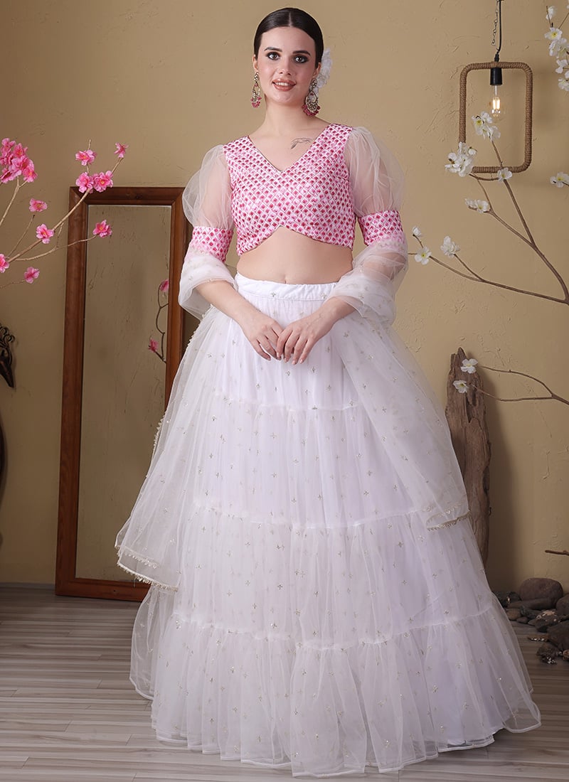Off White Embroidered Georgette N Net Lehenga Set Festive Wear