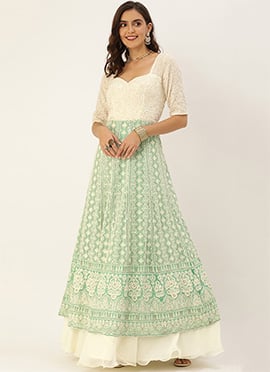 Off White Embroidered N Green Kali Anarkali Gown