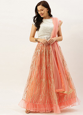 Off White Embroidered N Pink Gathered Lehenga
