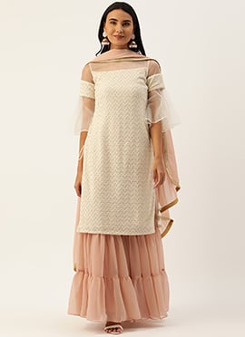 Off White Embroidered N Pink Layered Palazzo Suit