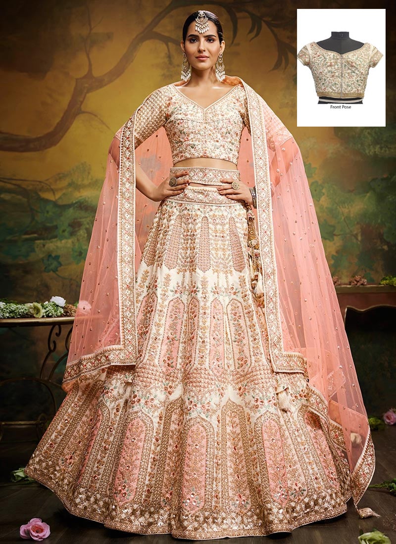 Off White Embroidered Pure Silk Umbrella Lehenga