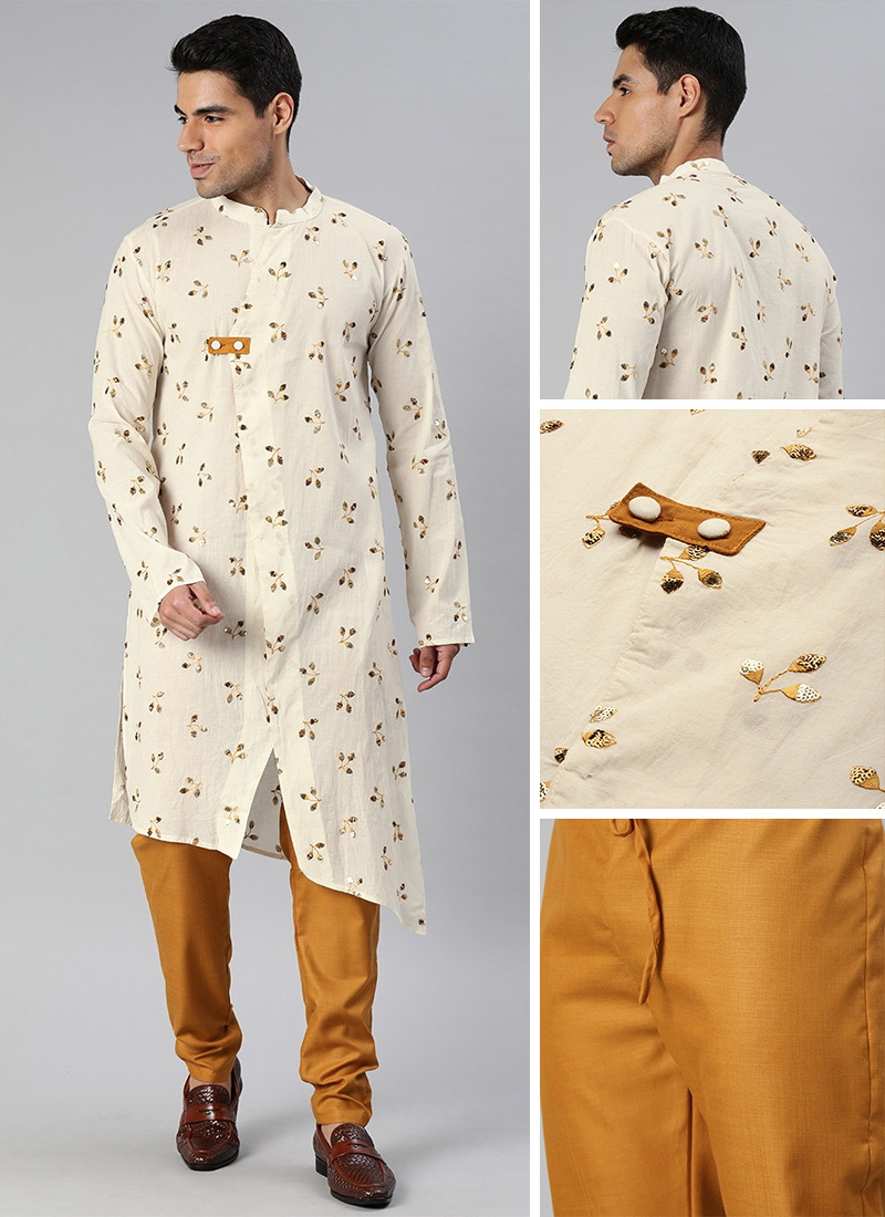 Off White Embroidered kurta Pyjama Set Wedding Wear Party Wear