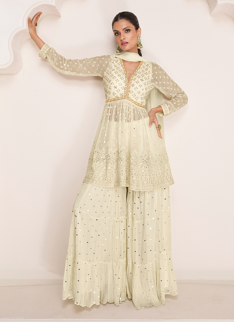 Off White Faux Georgette Embroidered With Beads Palazzo suit Party Wear