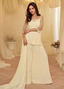 Off White Georgette Chikankari Work With Embroidered Sequins Palazzo Suit