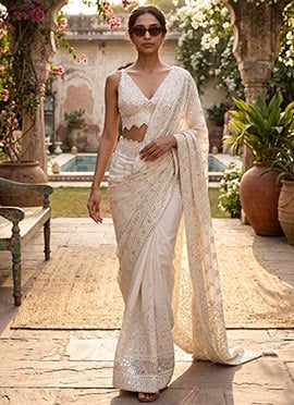 Off White Georgette Embroidered And Sequins Saree Wedding Wear