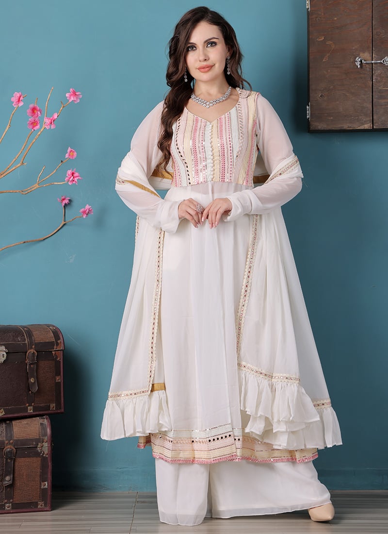 Off White Georgette Embroidered Anrakali Suit