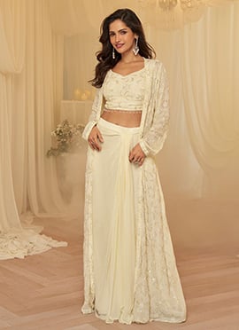 Off White Georgette Embroidered Sequins Beads Stones Indowestern Set