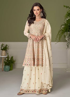Off White Georgette Embroidered Sequins Mirror Work Hand Work Palazzo Suit