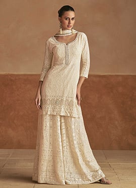 Off White Georgette Embroidered Sequins Mirror Work Thread Palazzo Suit