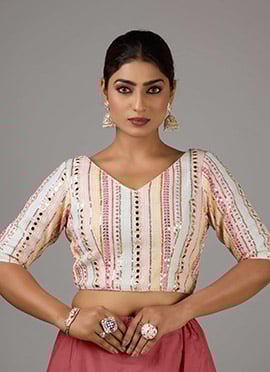 Off White Georgette Embroidered V Neck Blouse