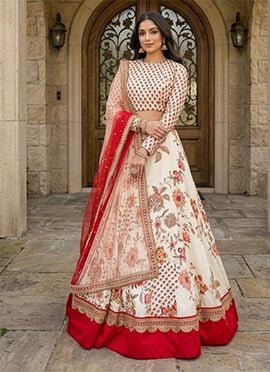 Off White Georgette Sequins Embroidered Digital Print Umbrella Lehenga