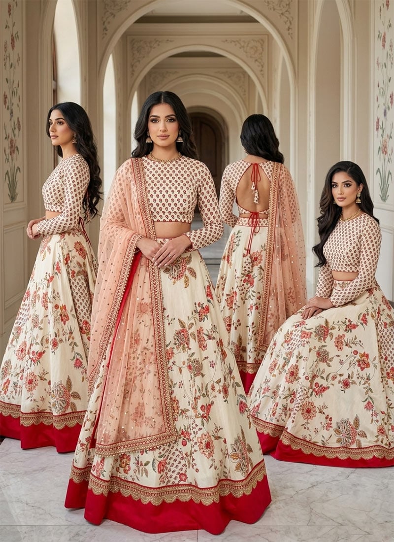 Off White Georgette Sequins Embroidered Digital Print Umbrella Lehenga Festive Wear