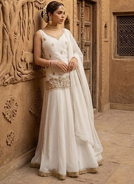 Off White Georgette Zari Sequins Palazzo Suit