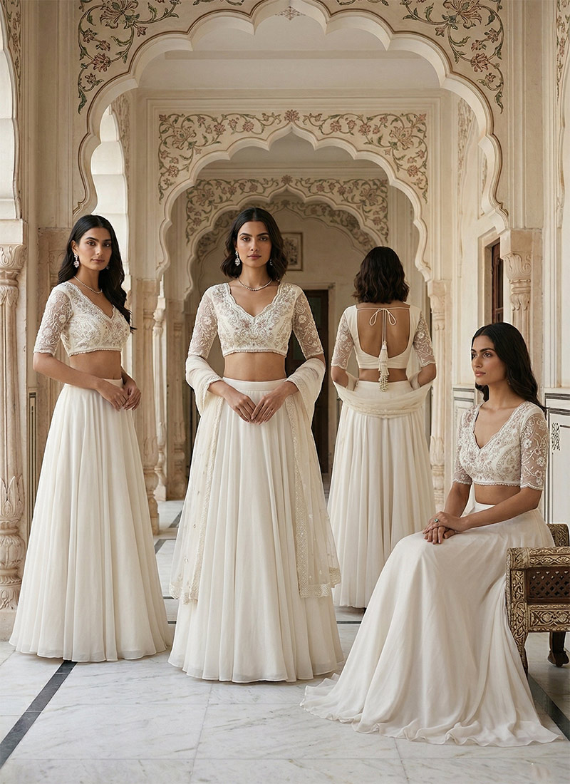 Off White Georgette Zari Stone Hand Embroidered Lehenga Wedding Wear