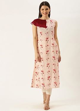 Teen Girls Off White Modal Satin Ruffled Neck Kurti