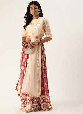 Off White N Brown Embroidered Lehenga Set