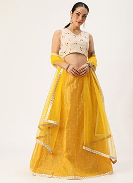 Off White N Mustard Embroidered Cotton Lehenga Set