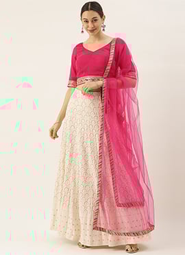 Off White N Pink Embroidered Kali Lehenga Set