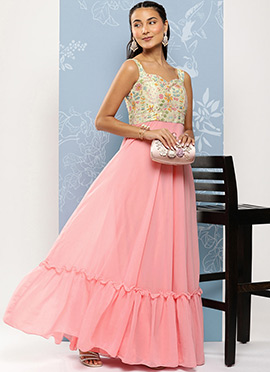 Teen Girls Off White N Pink Georgette Gown