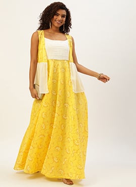 Off White N Yellow Foil Printed Gown