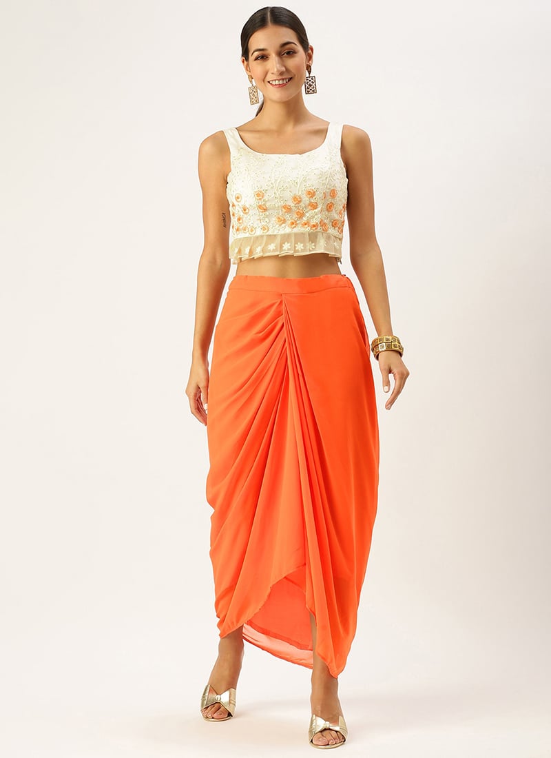 Off White Net Embroidered Crop Top N Skirt Wedding Wear