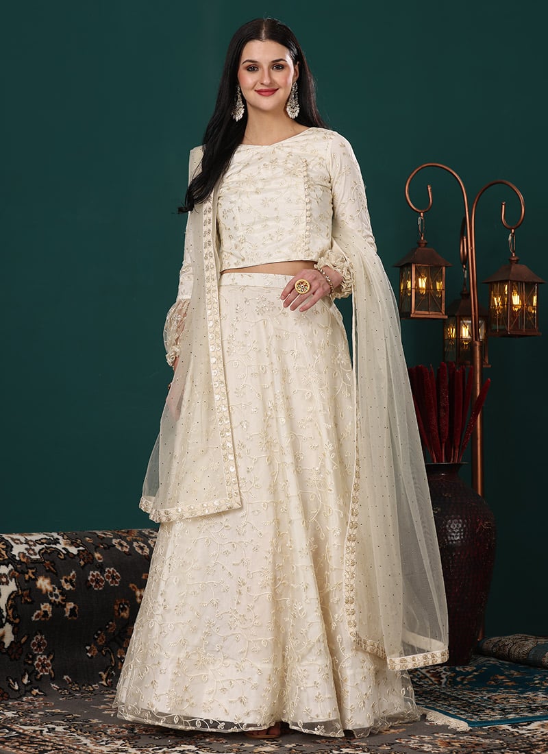 Off White Net Embroidered Lehenga Set Festive Wear