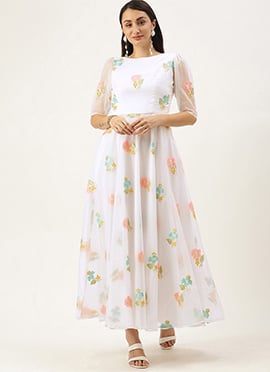 Off White Organza Ankle Length Dress