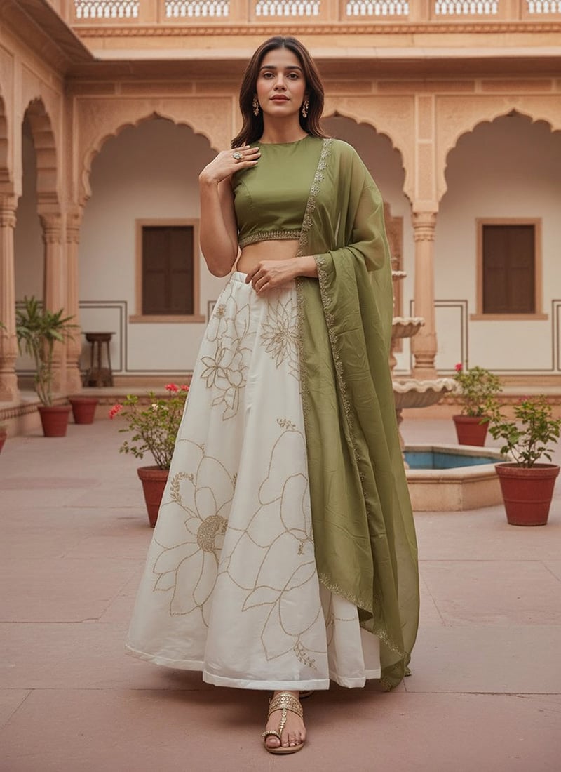 Off White Organza Cut Dana With Stone Hand Embroidered Lehenga