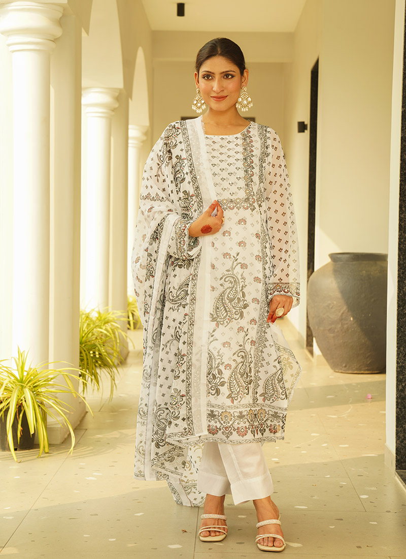 Off White Organza Digital Print With Mirror Work Straight Pant Suit Festive Wear