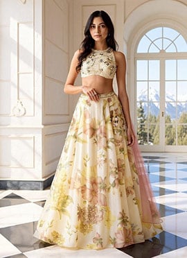 Off White Organza Digital Print Zari Hand Embroidered Sequins With Stone Work Lehenga