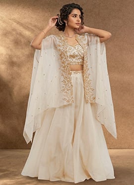 Off White Organza IndoWestern Jacket Skirt Set With Zari And Mirror Work