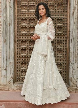 Off White Organza foil Work Umbrella Lehenga