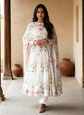 Off White Organza Silk Floral Digital Print Anarkali Suit