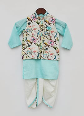 Off White Print Jacket with Aqua Blue Kurta and Dh
