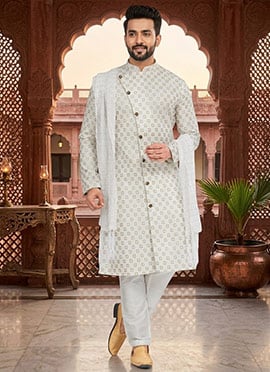 Off White Printed Cotton Silk Indowestern Sherwani