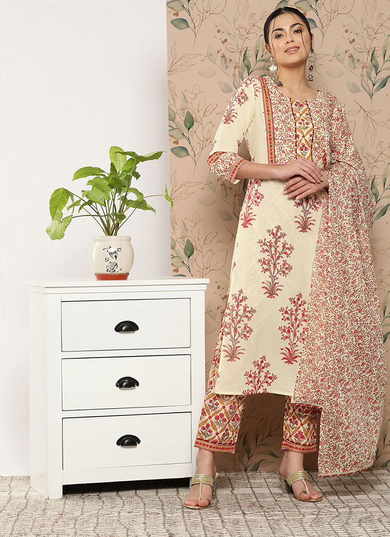 Off White Pure Cotton Printed Straight Pant Suit After Six Wear