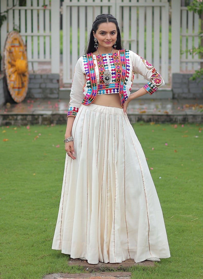 Off White Roman Silk Gota Indowestern Jacket And Skirt Set