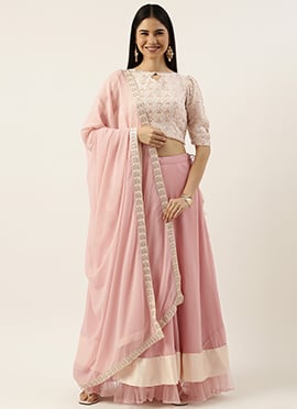 Off White Sequins Embroidery Pink  Lehenga